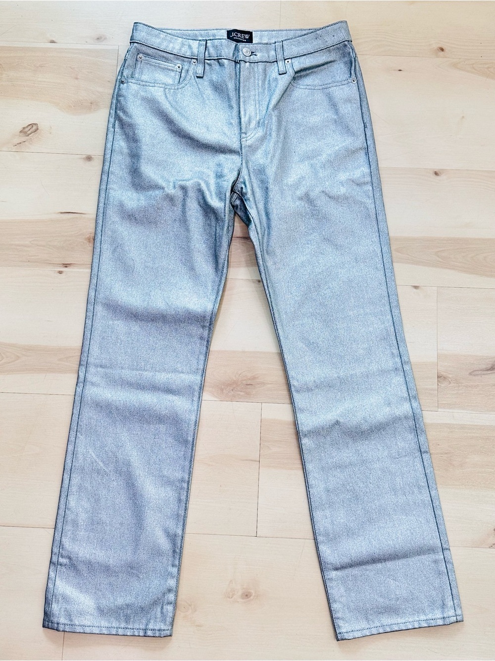 J.Crew Sz 29 striking metallic silver MID-RISE SLOUCHY STRAIGHT LEG 100% COTTON
